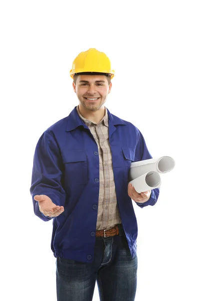 Engineer with blueprints and helmet — Stock Photo, Image