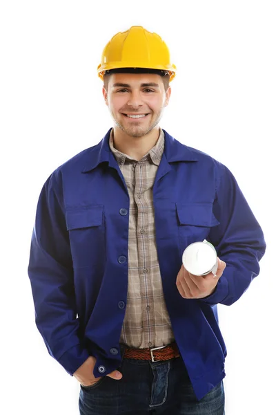 Ingenieur met blauwdrukken en helm — Stockfoto