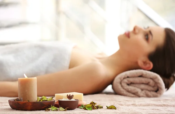 Spa Set Aroma Candle Soap Relaxing Woman — Stock Photo, Image