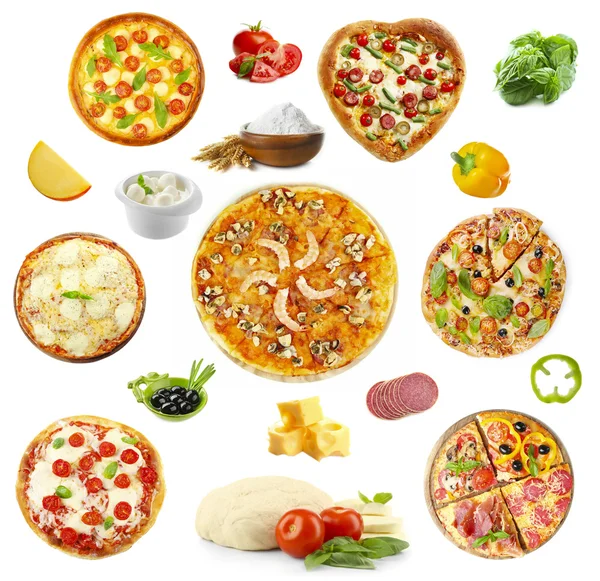 Collage di pizza e ingredienti — Foto Stock