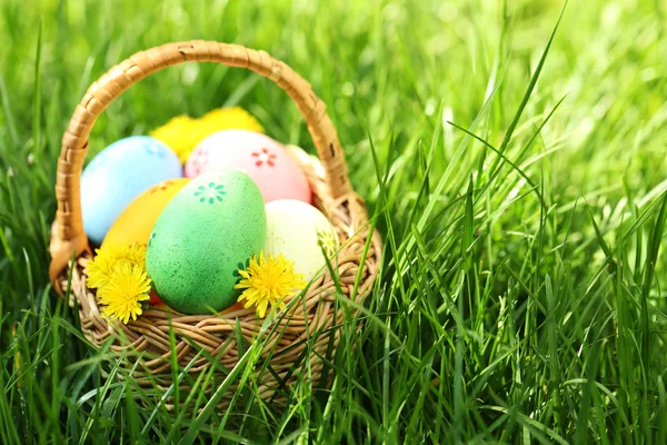 Cesta con huevos de Pascua de colores — Foto de Stock