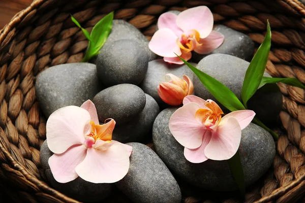 Piedras de Spa y flores de orquídea —  Fotos de Stock