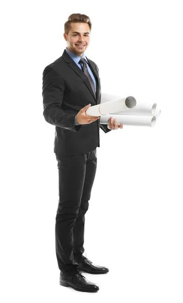 Man in suit holding engineering blueprints — Stock Photo, Image