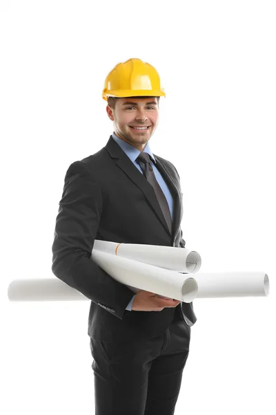Engineer in helmet holding blueprints — Stock Photo, Image