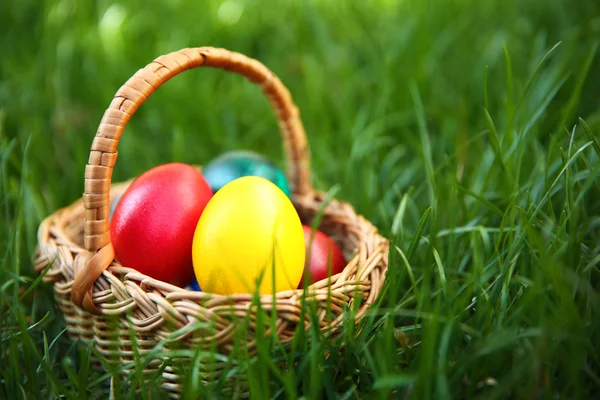 Cesta con huevos de Pascua de colores —  Fotos de Stock