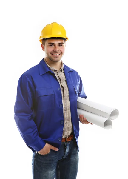 Engineer with blueprints and helmet — Stock Photo, Image