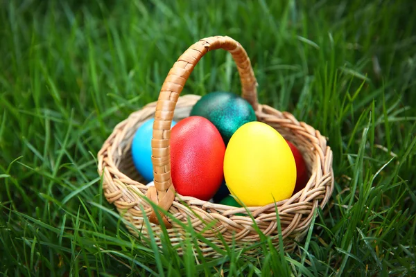 Cesta con huevos de Pascua de colores — Foto de Stock