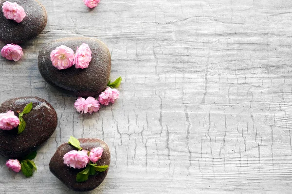 Wellness-Steine und rosa Blumen — Stockfoto