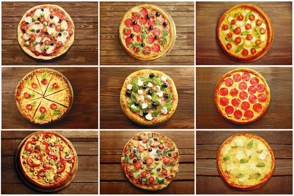 Kollázs, különböző pizza — Stock Fotó