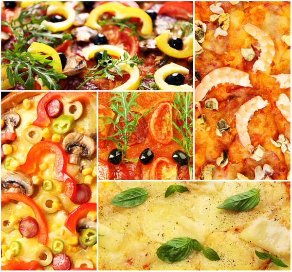 Primo piano di pizza diversa in collage — Foto Stock