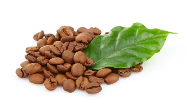 Кофейные зерна и зеленые листья — стоковое фото
