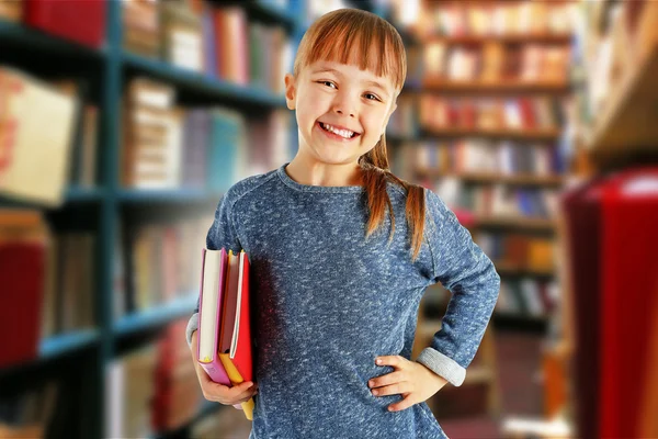 Chica Con Libros Biblioteca Escuela —  Fotos de Stock