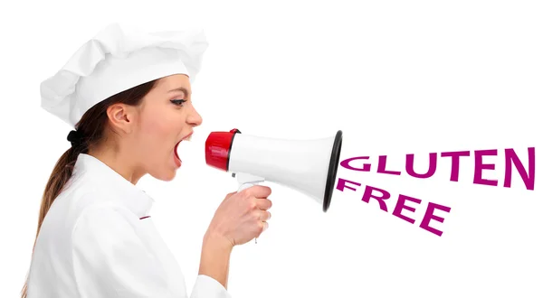 Young woman chef with megaphone — Stock Photo, Image