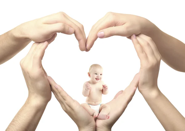 Bebê sentado em forma de coração mãos — Fotografia de Stock