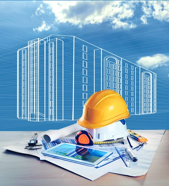 Table with construction drawings — Stock Photo, Image