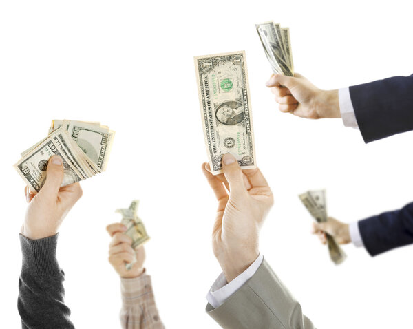 Hands with money on white