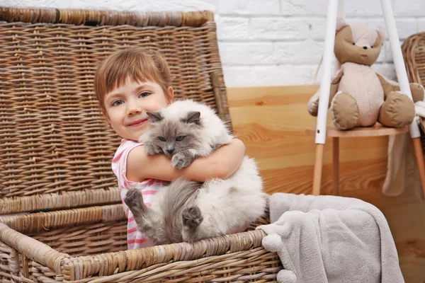 Menina com gato no branco — Fotografia de Stock