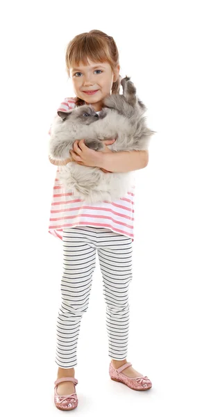 Menina com gato no branco — Fotografia de Stock