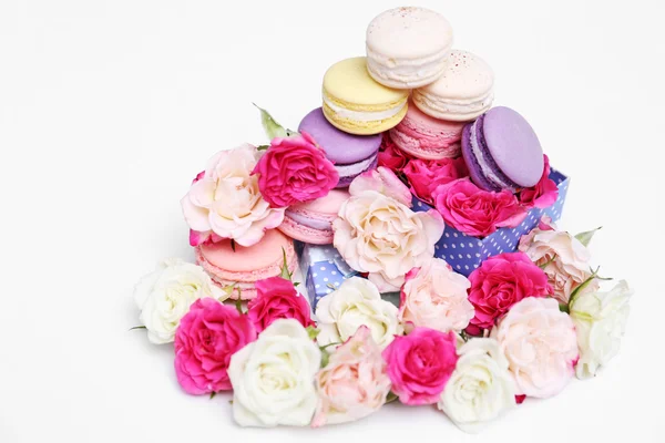 Macarrones y rosas aislados — Foto de Stock