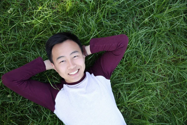 Schöner Mann im Gras liegend — Stockfoto