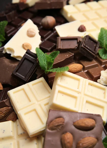 Trozos de chocolate con hojas de menta — Foto de Stock