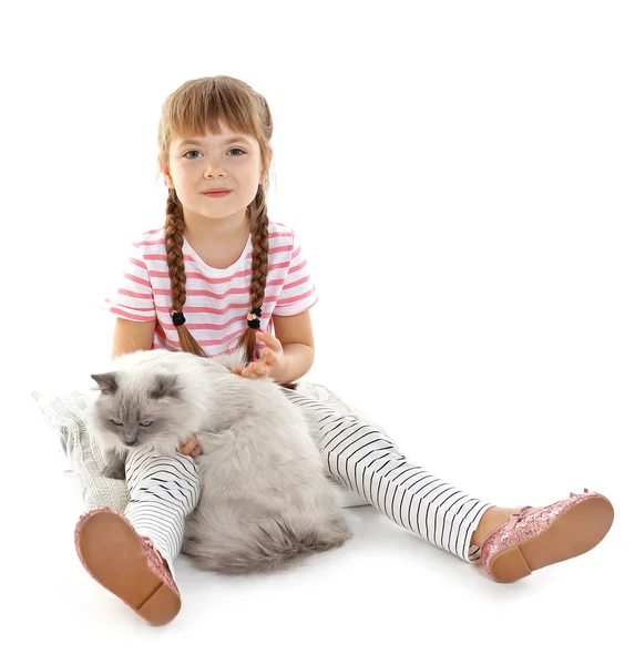 Little girl with cat on white Stock Photo by ©belchonock 112650324