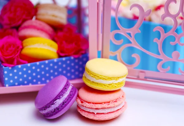 Macaroons and roses in  cage — Stock Photo, Image