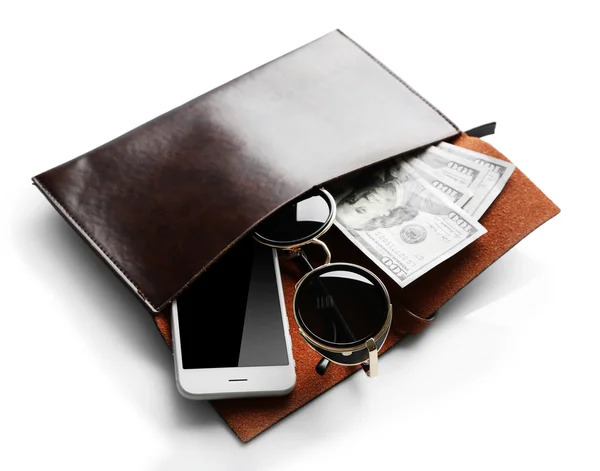 Leather purse with mobile phone — Stock Photo, Image