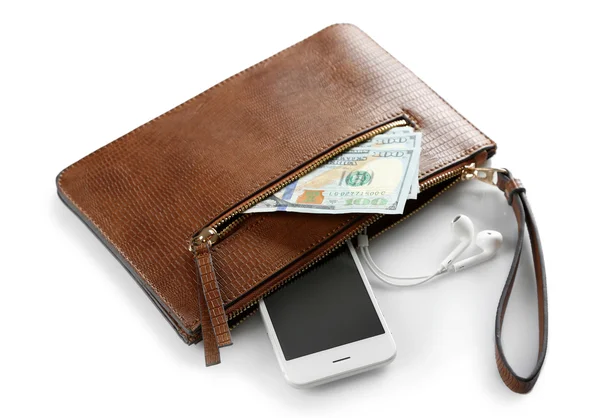 Leather purse with mobile phone — Stock Photo, Image