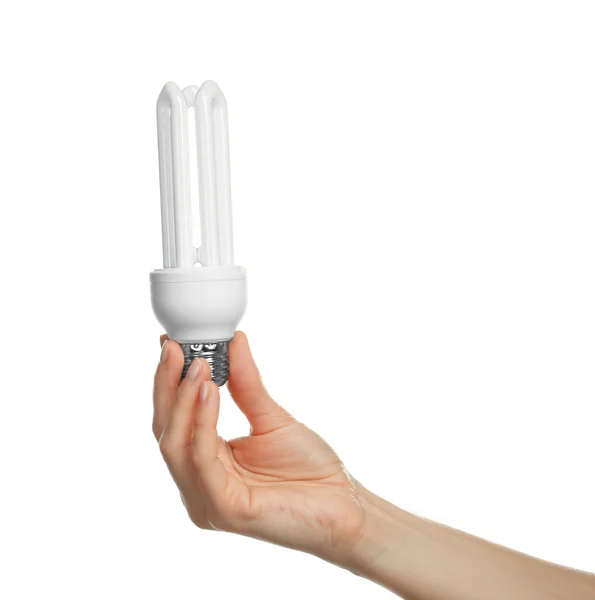 Mulher mão segurando lâmpada — Fotografia de Stock