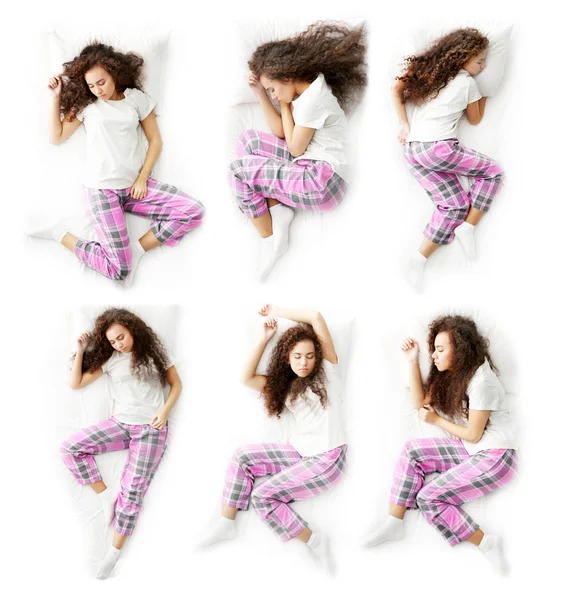 Hermosa chica durmiendo en diferentes poses —  Fotos de Stock