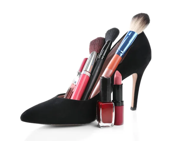 Makeup set in woman's shoe — Stock Photo, Image