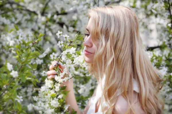 Woman on blooming tree background — Stock Photo, Image