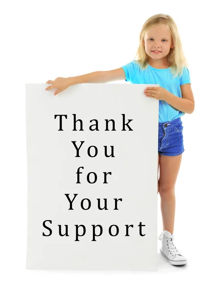 Menina Placa Com Texto Obrigado Por Seu Apoio Isolado Branco — Fotografia de Stock