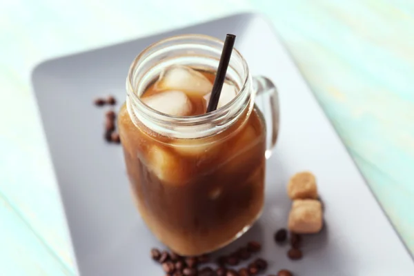 Glass jar of iced coffee — Stock Photo, Image