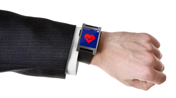 Ícone de mão e coração no relógio inteligente — Fotografia de Stock