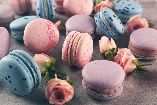 Macarons savoureux avec de belles roses — Photo