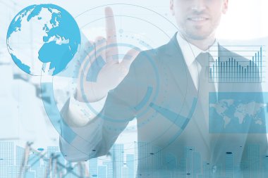 Modern teknoloji ve dijital katman efektini çalışma iş adamı