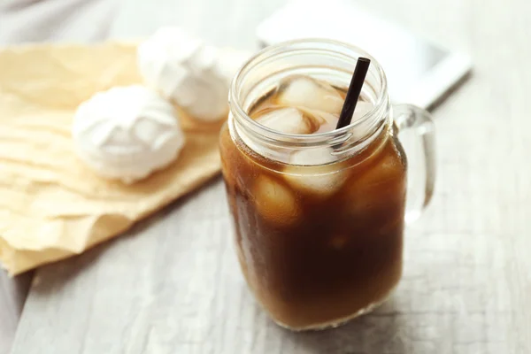 Glass jar of iced coffee — Stock Photo, Image