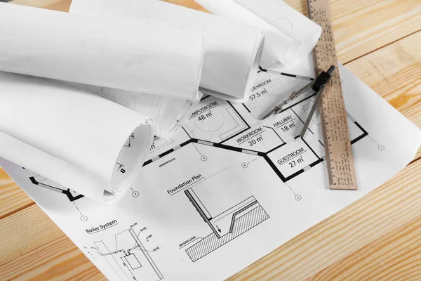 Construction drawings with tools — Stock Photo, Image