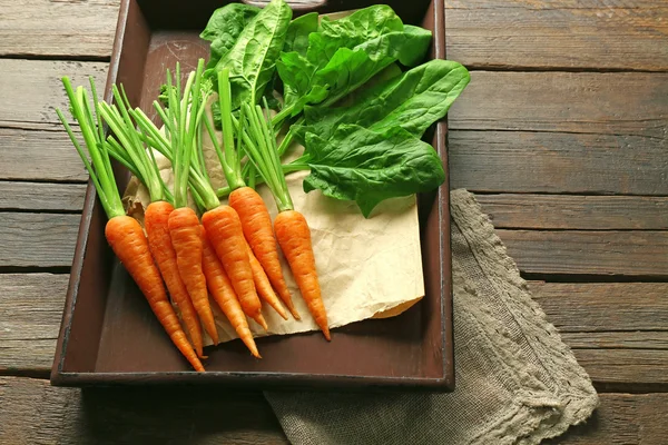 Carrots with sorrel on tray — Stock Photo, Image