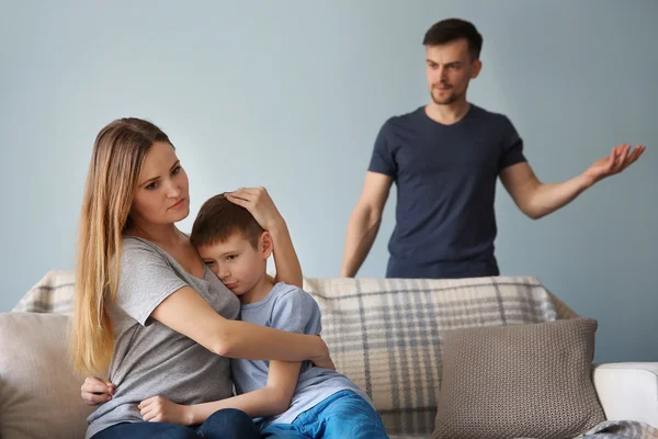 Family Problems Concept Father Abusing Mother Defending Son — Stock Photo, Image