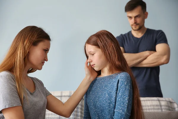 Family Problems Concept Angry Father Mother Becalming Girl — Stock Photo, Image