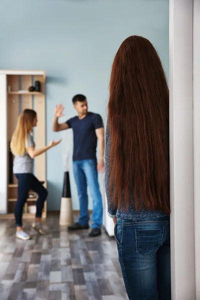 Family Problems Concept Girl Looking Abusing Parents — Stock Photo, Image