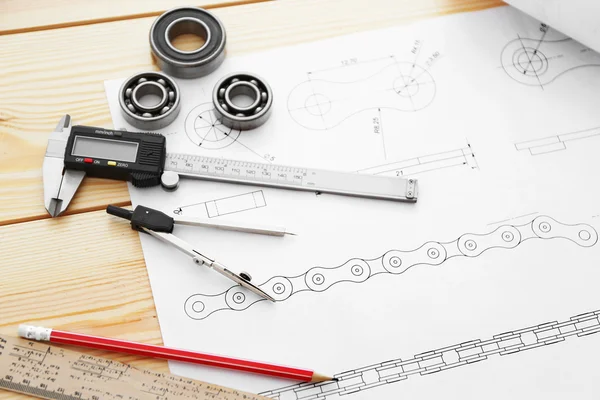 Konstruktionszeichnungen und Werkzeuge — Stockfoto