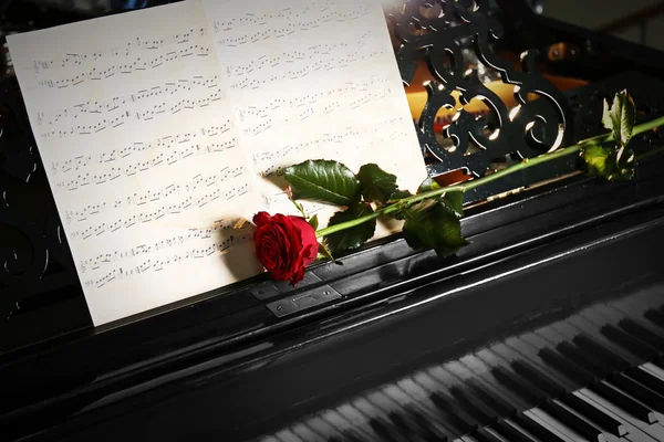 Musical notes and red rose