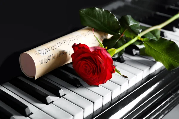 Μουσικές νότες και κόκκινο τριαντάφυλλο — Φωτογραφία Αρχείου