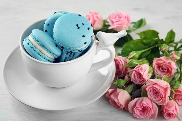 Cup with macaroons and roses — Stock Photo, Image