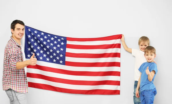 Father His Sons Holding Usa Flag Light Blue Wall — Stock Photo, Image