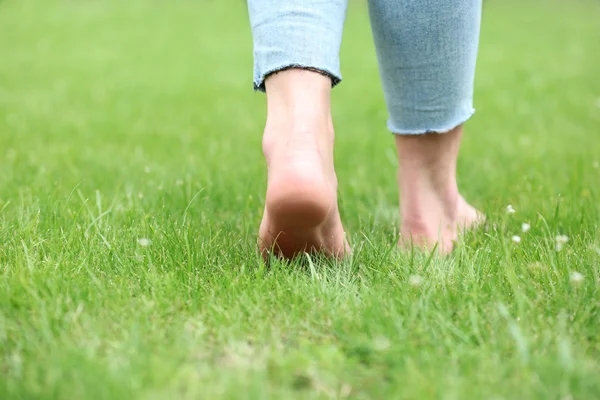 Piernas de mujer sobre hierba verde — Foto de Stock